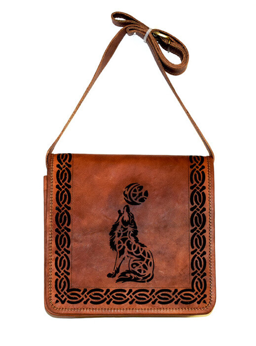 Celtic Wolf with Moon Genuine Die Cut Leather Bag Celtic Wolf with Moon Genuine Die Cut Leather Bag
