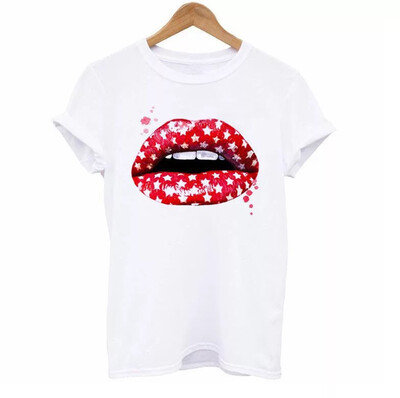 Tee-White Lip Tee-shirt Red Lips With Stars