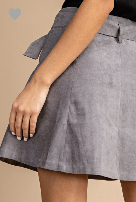Skirt-gray suede Belted A-line Skirt