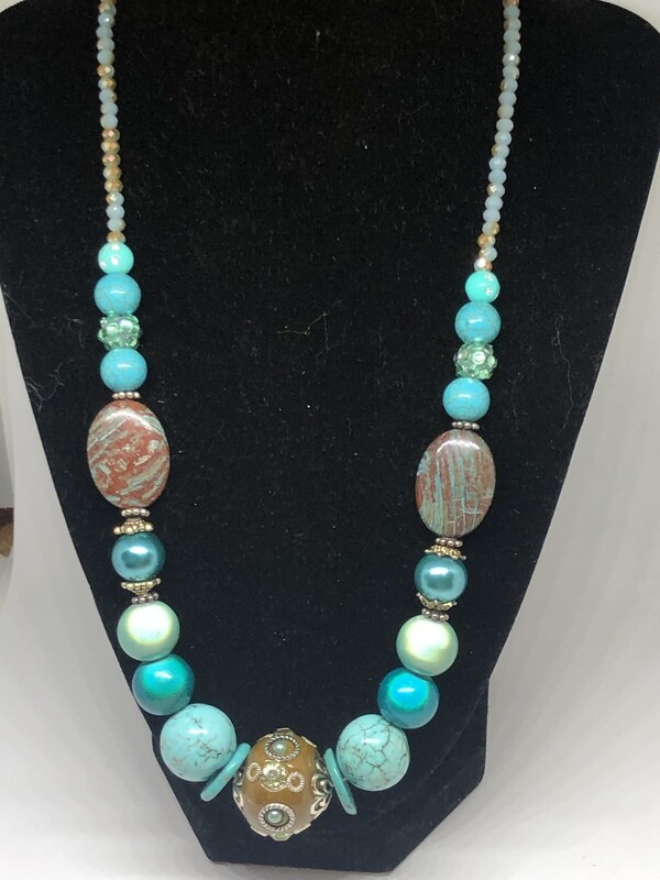 Necklace-Turquoise and brown handmade beaded necklace