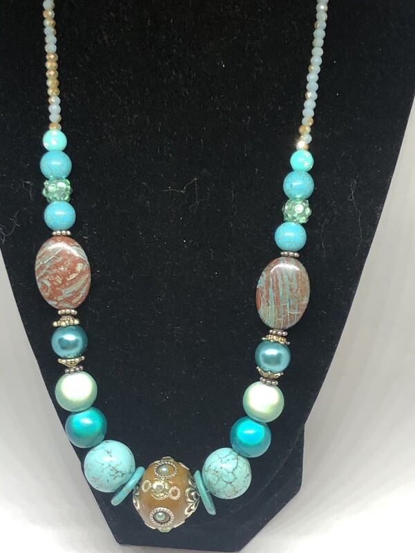 Necklace-Turquoise and brown handmade beaded necklace