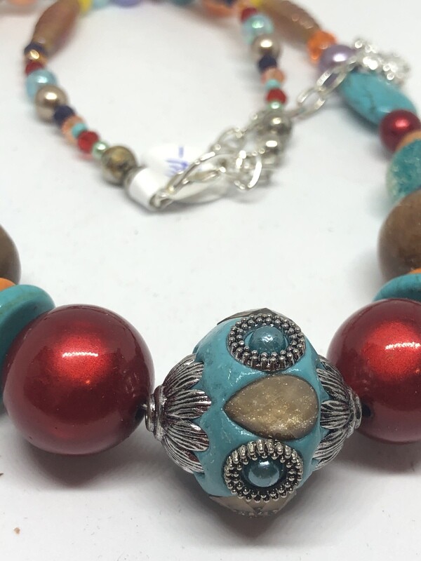 Necklaces (3)-Turquoise, red, yellow bright handmade beaded necklace