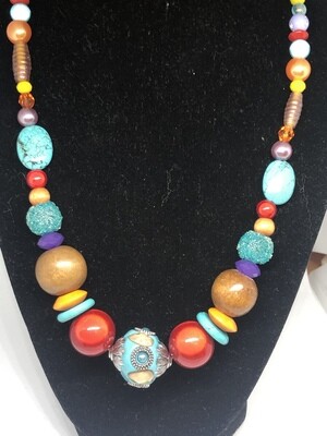 Necklaces (3)-Turquoise, red, yellow bright handmade beaded necklace