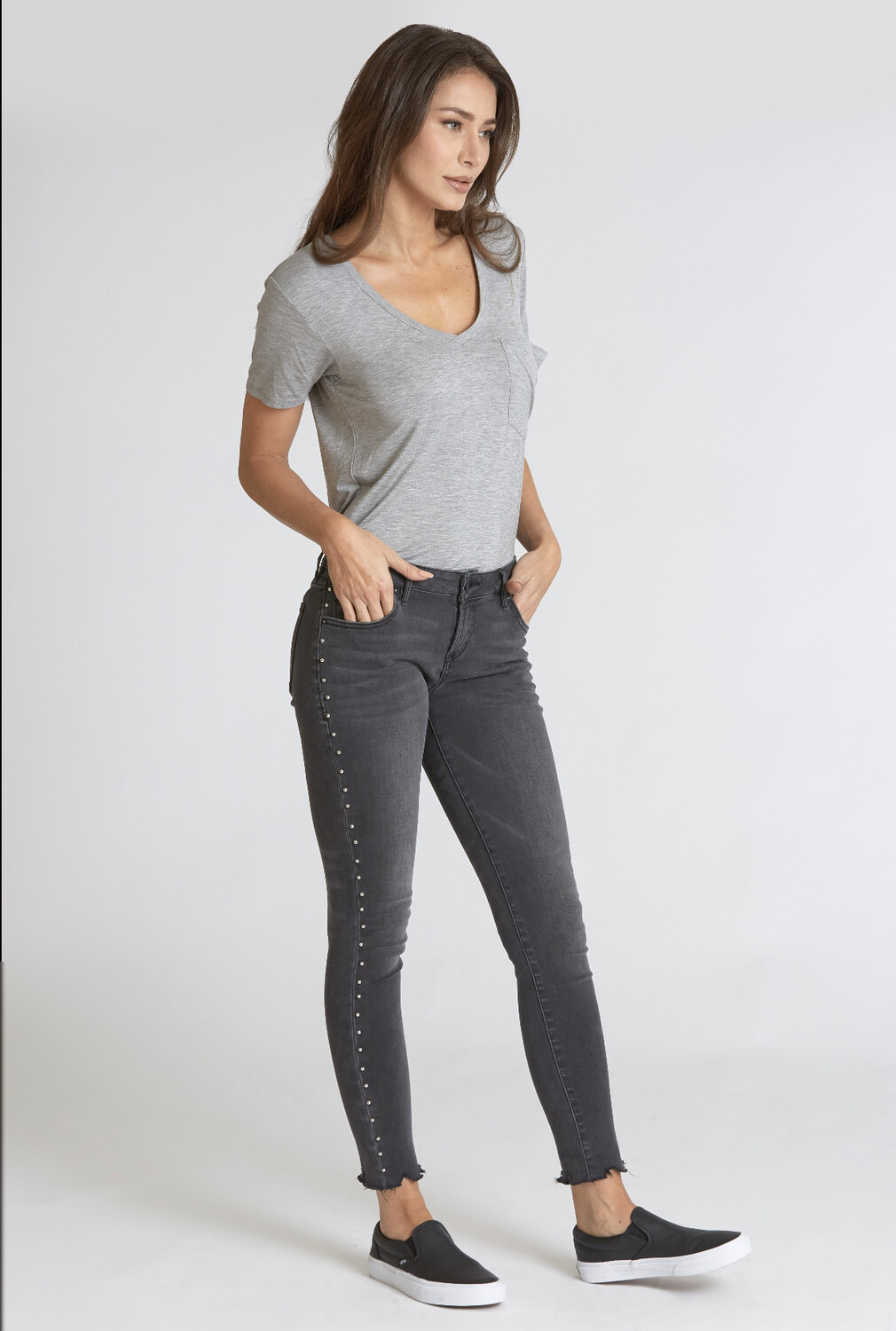 Jeans-Dear John Joyrich Skinny Mid-rise Ankle Frayed Hem, Black With Side Studs