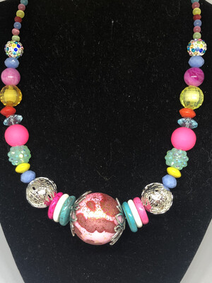 Necklace-Bright colored Pastels With Multi Pink Center Stone handmade beaded necklace
