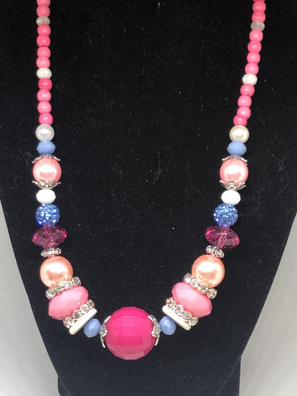 Necklace-pink and Blue handmade beaded necklace