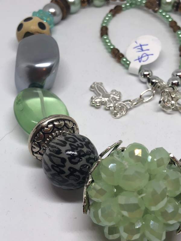 Necklace-Mint and leopard with cream, handmade beaded necklace