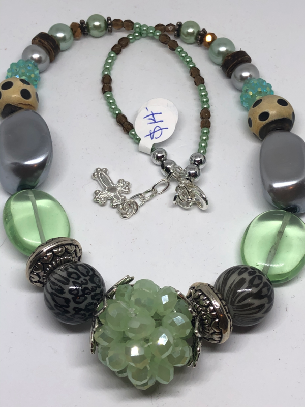 Necklace-Mint and leopard with cream, handmade beaded necklace