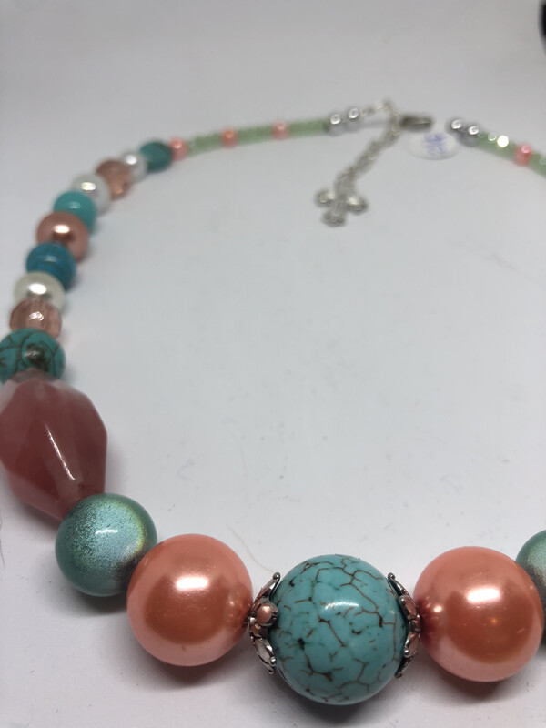 Necklaces, (2)Peach and mint with leopard beads And Peach And Turquoise 