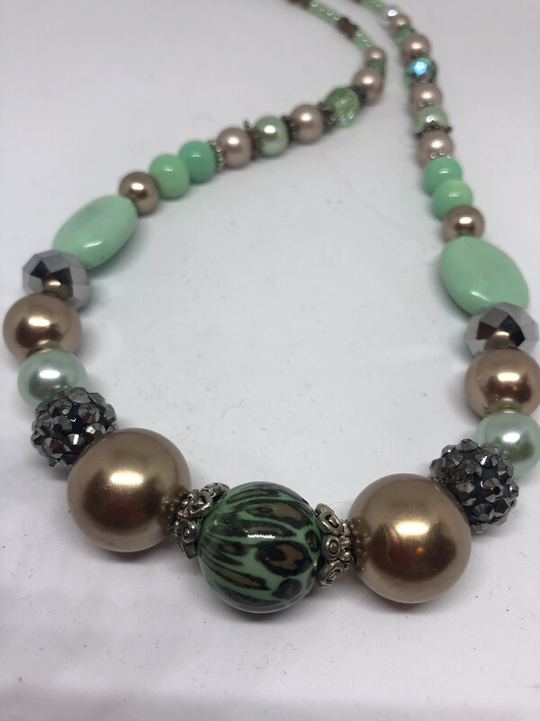 Necklaces (2)-Mint and leopard And Lime With Leopard with cream, handmade beaded necklace