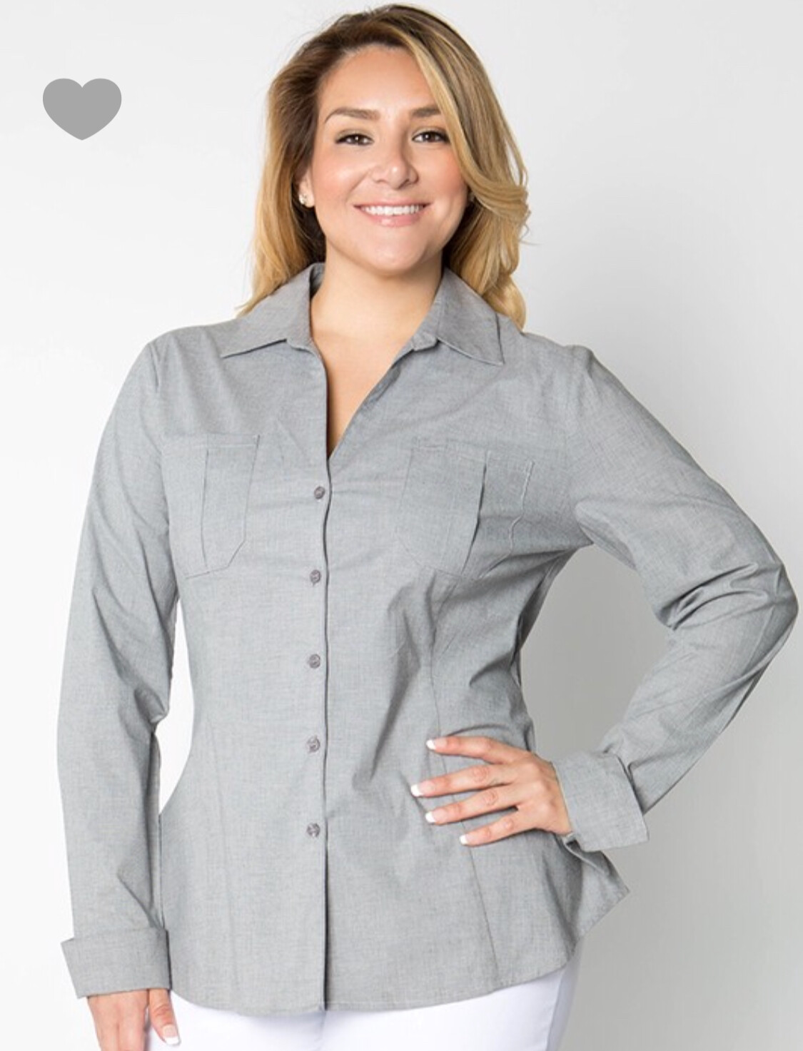 plus shirt-Gray Dress Shirt With Button Up Front And Darts To Make It More Fitted