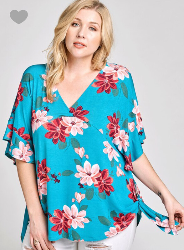 Plus Size-Floral Shirt In Two Colors, Yellow And Turquoise 