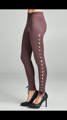Leggings, Three Colors, Maroon, Black And Mauve That Tie Down The Side.