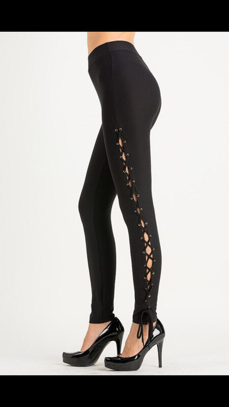 Leggings, Three Colors, Maroon, Black And Mauve That Tie Down The Side.