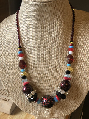 Necklace-Red And Black With Light Blue And Yellow Beads