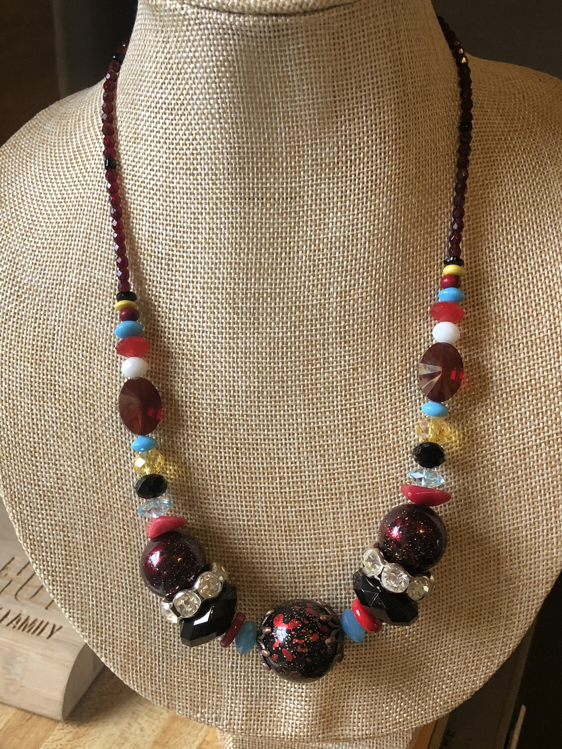 Necklace-Red And Black With Light Blue And Yellow Beads