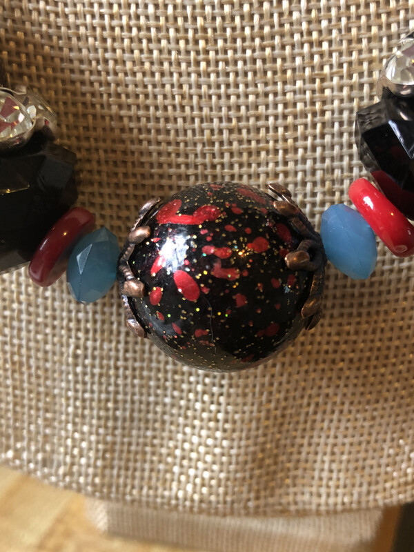 Necklace-Red And Black With Light Blue And Yellow Beads