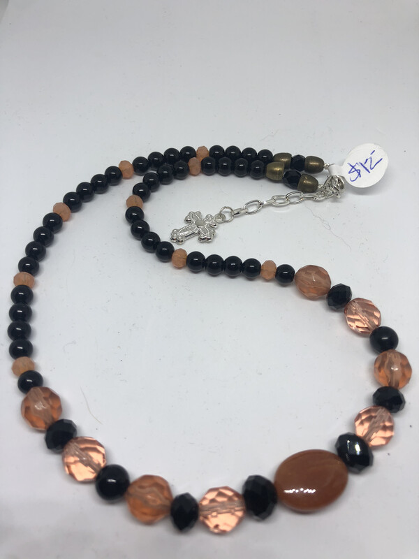 Necklace-peach And Black Only, Smaller Beads, Peach And Black With Gold Accents