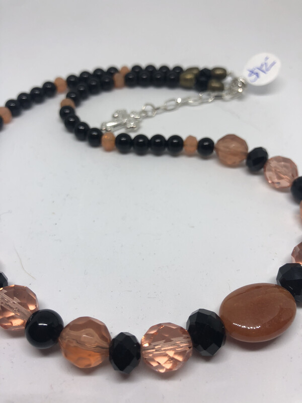 Necklace-peach And Black Only, Smaller Beads, Peach And Black With Gold Accents