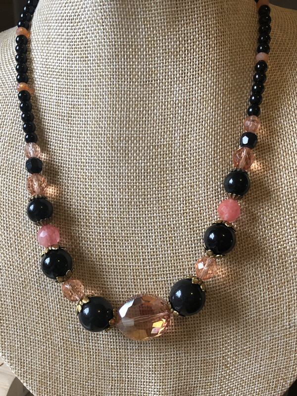 Necklace-peach And Black Only, Smaller Beads, Peach And Black With Gold Accents 