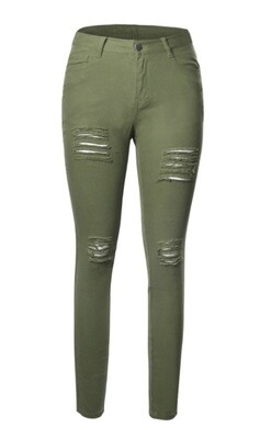 Jeans Skinny-with Worn Rips In Olive, And Red