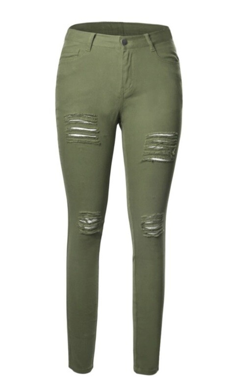 Jeans Skinny-with Worn Rips In Olive, And Red