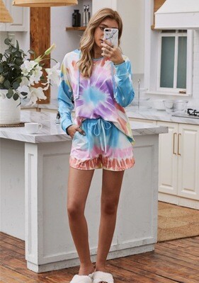Lounge Wear-tie-dye hoodie With Matching Elastic Waist Shorts