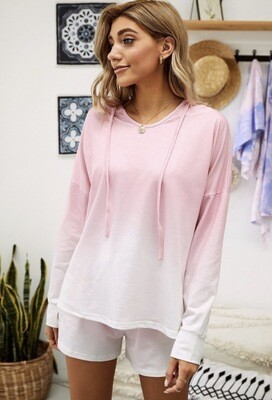Lounge Wear-matching Pullover Hoodie In Pink Hombre And Elastic Waist Shorts With Side Slit
