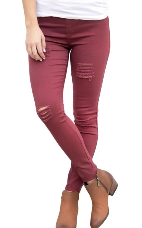 Jeans Skinny-with Worn Rips In Olive, And Red