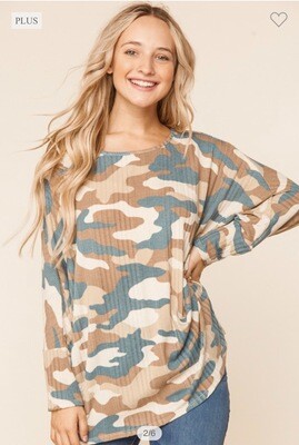 Plus Shirt-Camouflage Rib Dolman Knit Top