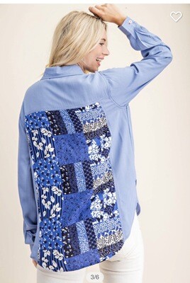 Shirt-gingham Blue Contrasted Placket Frill Shirt 