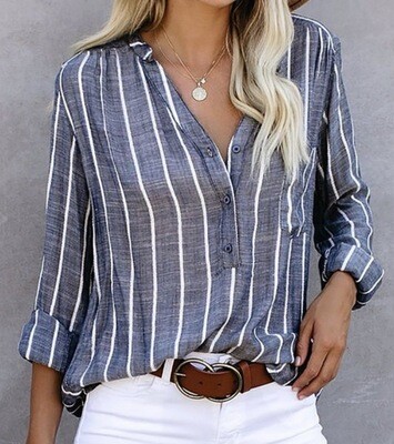Shirt-Striped Half Open V Neck Loose Shirt In Denim And White