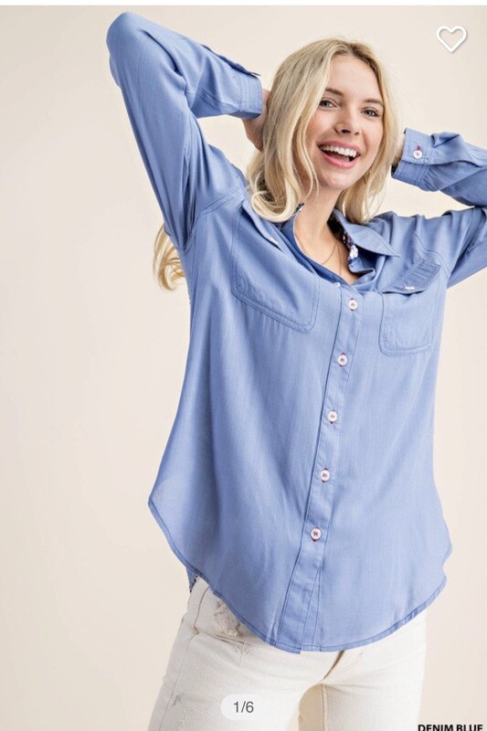Shirt-gingham Blue Contrasted Placket Frill Shirt 