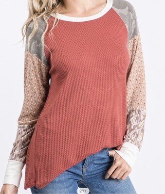 Shirt-Marsalis Waffle Material With Camo Shoulder Print, And Other Prints On Arm