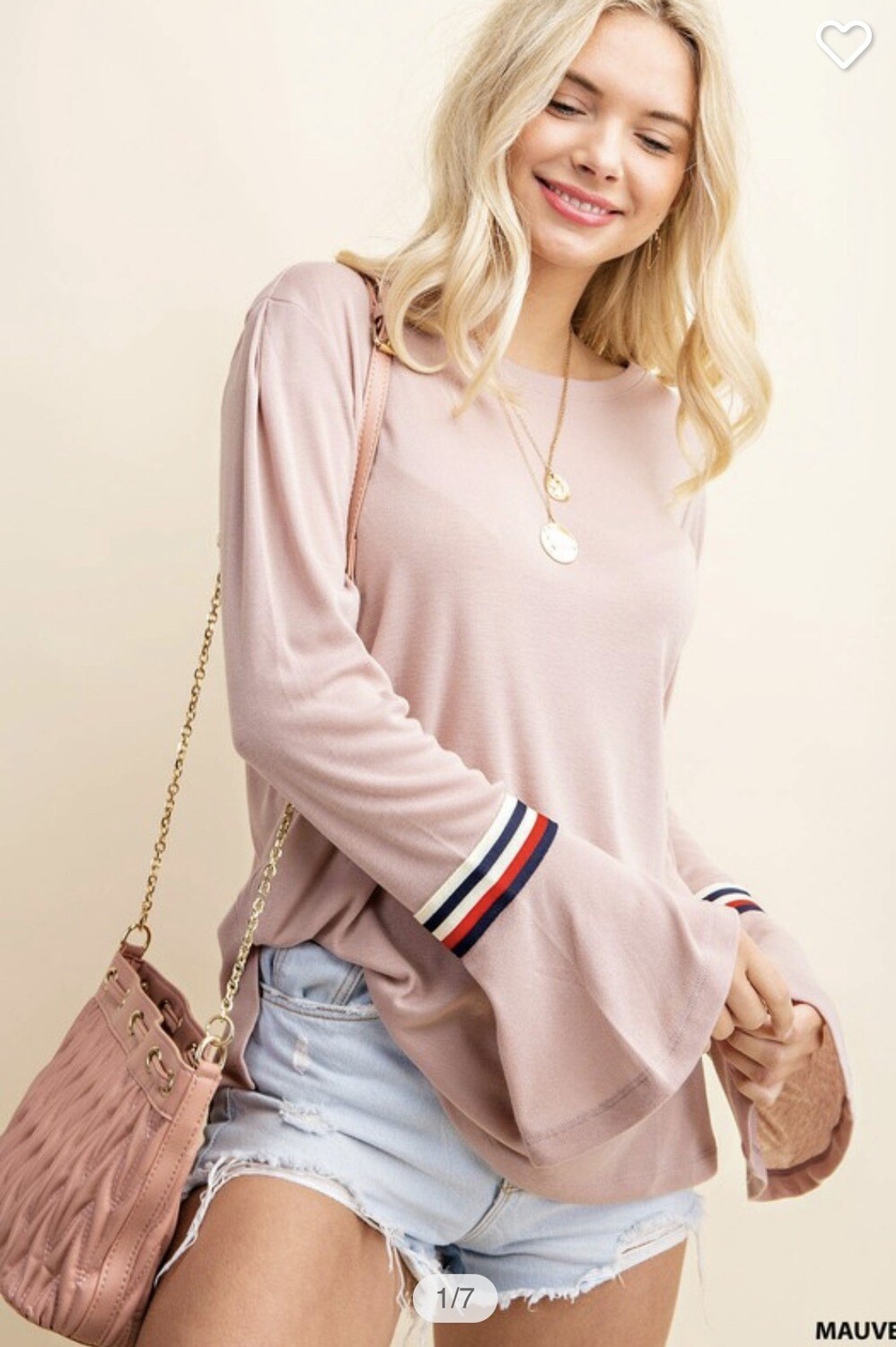 Shirt-mauve Round Neck Too With Stripe Knit Sleeve Trim With Ruffled Cuff