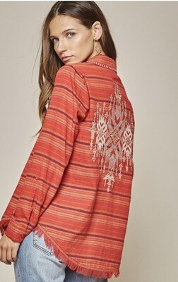 Shirt-red Serape With Embroidery And Fringe 