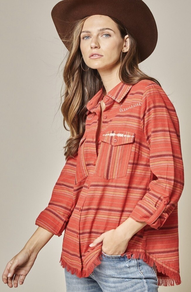 Shirt-red Serape With Embroidery And Fringe 