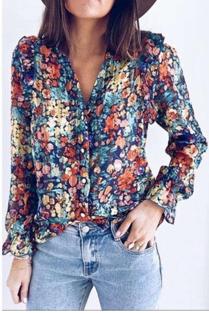 Shirt-ruffle Detail Pleated Floral Printed Button Down Blouse