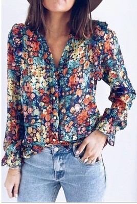 Shirt-ruffle Detail Pleated Floral Printed Button Down Blouse