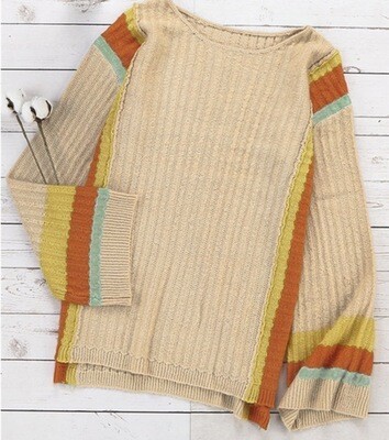 Sweater-Cream Color Sweater With Orange, Turquoise And Yellow Stripes And Wide Arms