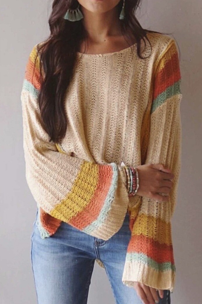 Sweater-Cream Color Sweater With Orange, Turquoise And Yellow Stripes And Wide Arms