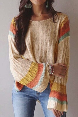 Sweater-Cream Color Sweater With Orange, Turquoise And Yellow Stripes And Wide Arms