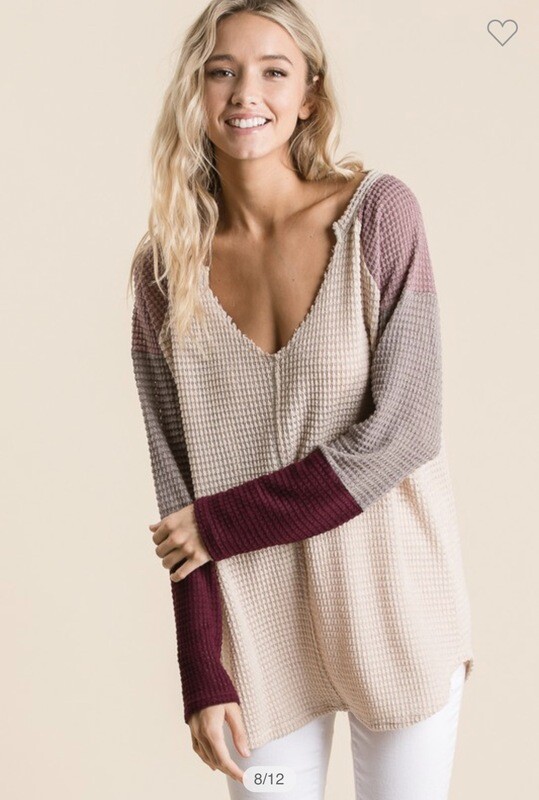 Shirt-popcorn Waffle Top With Color Block Sleeves And V-neck