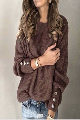 Sweater-Black, Brown And Grey Heavy Knit Sweater With Shiny Buttons On Cuff In Silver