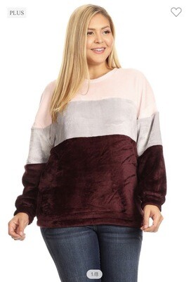 Plus Velour Sweater In Color block Pink, Gray, And Maroon