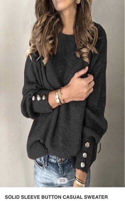 Sweater-Black, Brown And Grey Heavy Knit Sweater With Shiny Buttons On Cuff In Silver