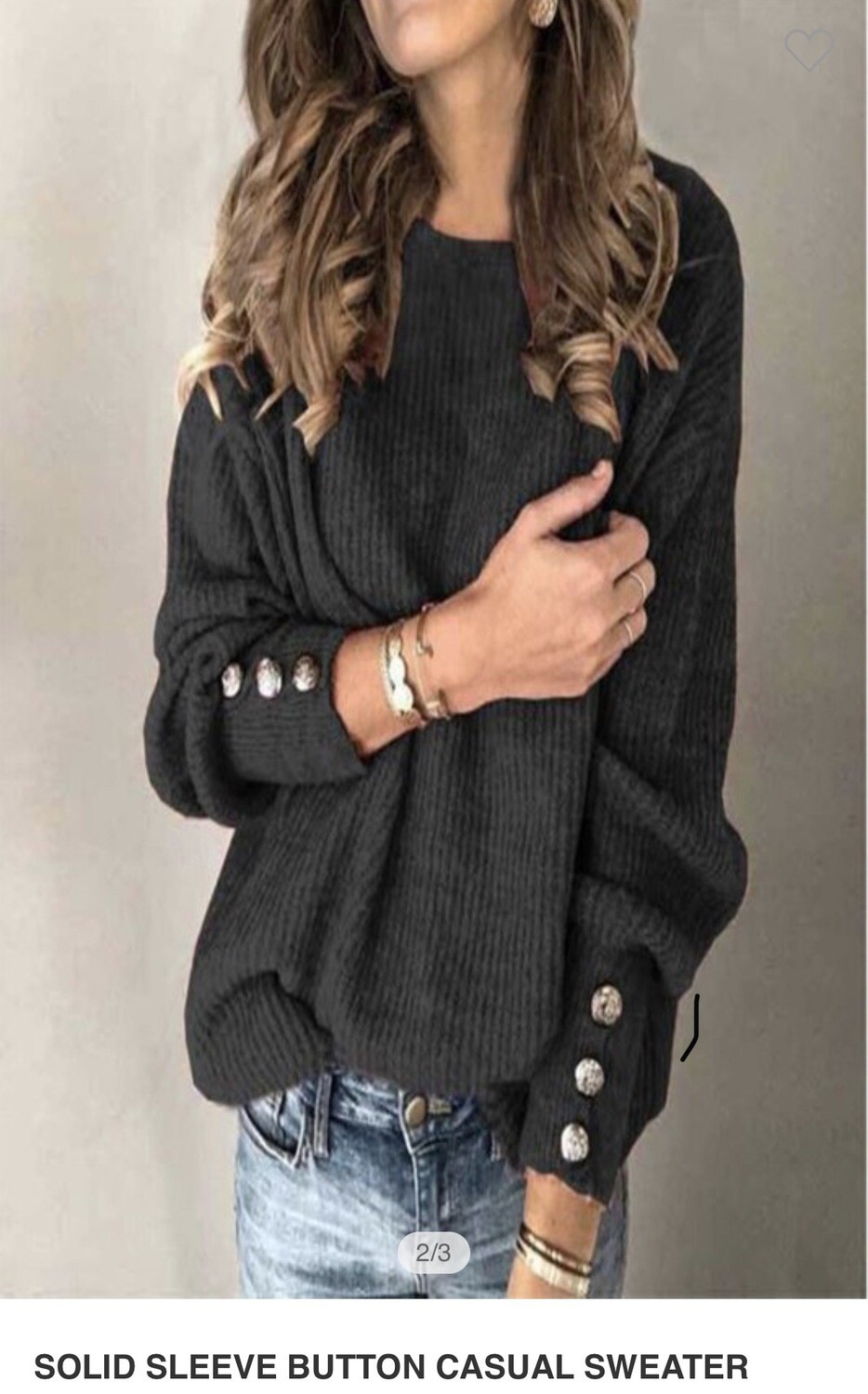Sweater-Black, Brown And Grey Heavy Knit Sweater With Shiny Buttons On Cuff In Silver