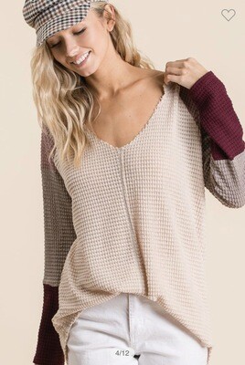 Shirt-popcorn Waffle Top With Color Block Sleeves And V-neck