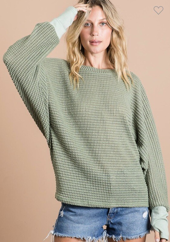 Shirt-popcorn Waffle Knit Top With Thumb Holes And Can Be Worn Off The Shoulders In Many Colors S-XL