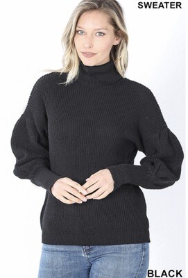 Sweater In A Turtleneck With Puff Detail On Upper Arm And Shoulder In Black And Dusty Teal